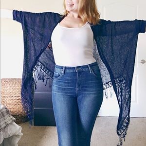 Navy crochet & tassel cardigan w dolman sleeve.